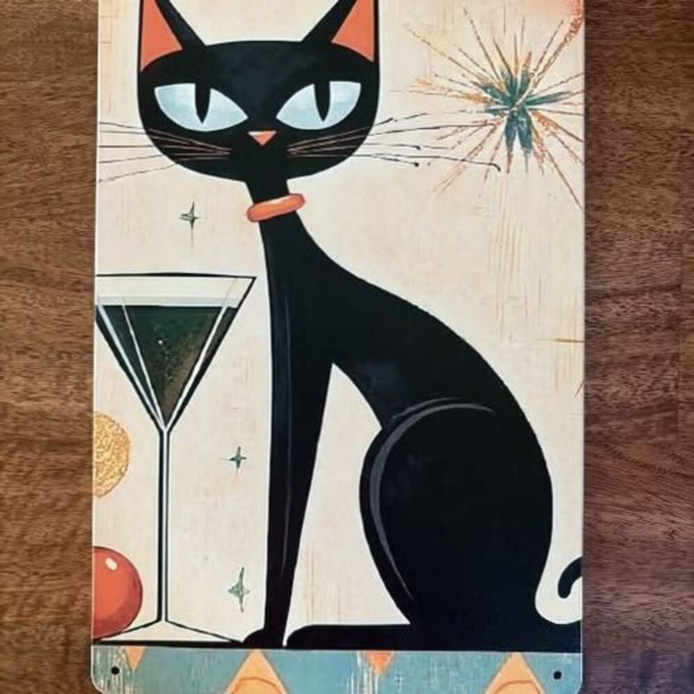 Mid-Century Modern Black Cat & Martini Vintage Style Metal Sign 12x8